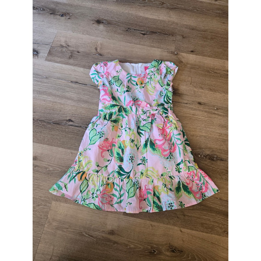 Lilly Pulitzer Girls Pink Tropical Floral Bow Fit and Flare Dress Size 6